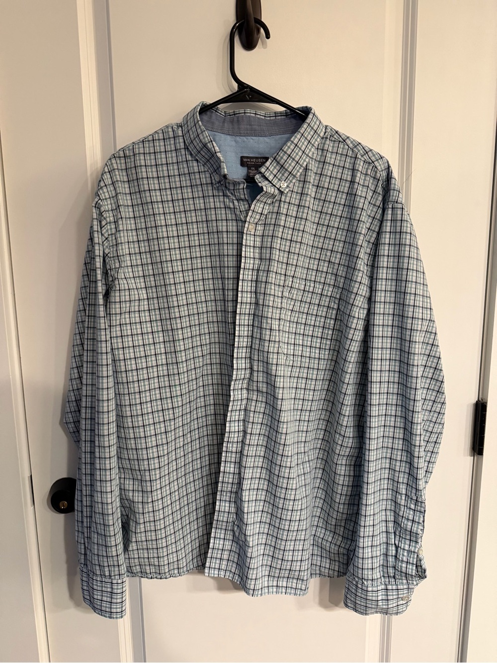 Van Heusen Men's Light Blue and Navy Plaid Button-Down Shirt